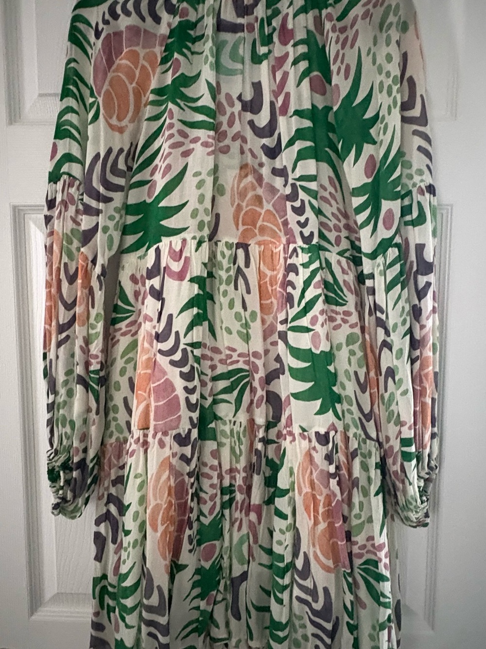 Oliphant Printed Ruffled V-Neck Blouse in Green, Purple & Cream - Picture 2 of 3